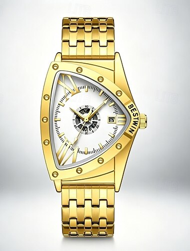  herr triangelklocka lyxigt armbandsur i guldfärgat rostfritt stål unik sköldform kreativ skelettdesign med datumvisning mode punk affärsklocka present till män