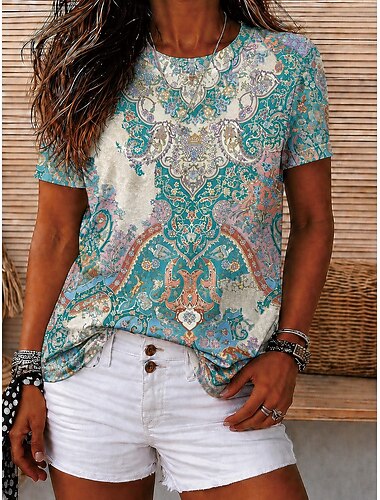  Dames T-shirt Afdrukken Bloemig Grafisch Geometrisch Vintage Stijlvol Casual Korte mouw V-hals Normale tops Casual Dagelijks Weekend blauw Lichtgroen Donkergroen Zomer Lente Herfst Winter