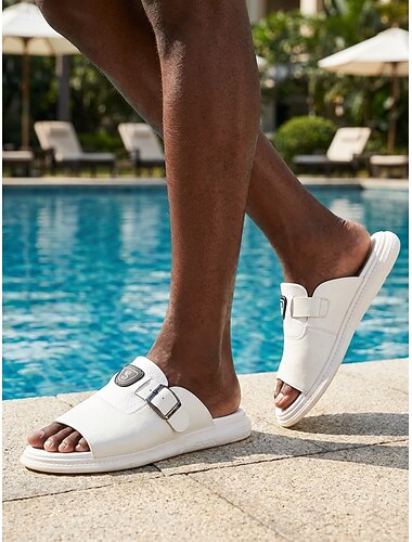  Sandali da uomo bianchi con doppia fibbia - ciabatte leggere e comode a punta aperta - calzature estive casual da resort e piscina per uomo, ideali per viaggi, vacanze e tempo libero