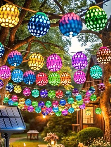  napelemes kerti tündérfényfüzér, vas marokkói gömb alakú tündérfények, 12 m, 100 LED, otthoni, udvari, erkély, veranda, fák, kültéri partidekoráció