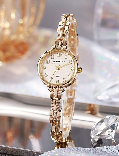  Relógio de pulso feminino com pulseira, elegante relógio de quartzo com mostrador redondo pequeno e numerais arábicos, delicado relógio de pulseira dourado para mulheres, relógio elegante para