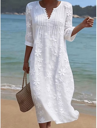  Femmes Robe Midi Robe en Dentelle Robe Décontractée Occasionnel Plage Coupe Ample Couleur Unie Demi Manches Col en V Blanche Été Printemps