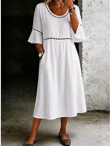  Damen Midikleid Spitzenkleid Weißes Kleid Sommerkleid Elegant Mode Täglich Strand Urlaub Normale Passform Einfach Halbarm Rundhalsausschnitt Weiß Gelb Hellgrün Rosa Sommer Frühling