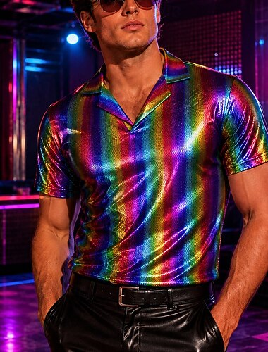  Retrò Vintage Disco Anni '80 Camicia POLO Maniche corte Disco Metallico Lucido Costume Per uomo Halloween Carnevale Mascherata Feste Bar Discoteca Adulti Camicia Estate