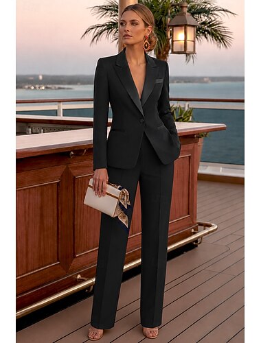  Dame 2-delers dresser Formell Bryllupsgjest Stretch Crepe Elegant Enkel Fritid Langermet Gulvlengde Peak Lapel Enkeltkneppet