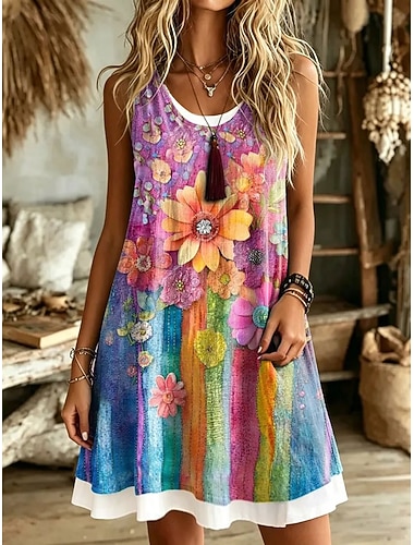  Damen Minikleid Sommerkleid T-Shirt-Kleid A Linie Kleid Urlaub Lässig Boho Lässiger Schnitt Blumen Grafik Geometrisch Ärmellos Rundhalsausschnitt Rosa Purpur Sommer Frühling