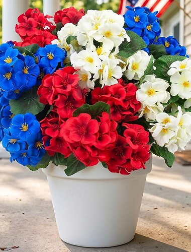  6 fiori di gerani artificiali per esterni, fiori di gerani in seta resistenti ai raggi UV, fiori finti patriottici per il 4 luglio, decorazioni per la casa, la cucina, il tavolo e il centrotavola (6,