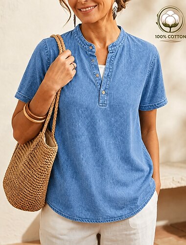  softfade™ dames henley shirt van 100% katoen, effen kleur, vintage mode, stijlvol, korte mouwen, V-hals, normale pasvorm, casual, strand, blauw, kaki, zwart, paars, oranje, zomer, lente