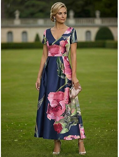  A-linje Ankellång Klänning till brudens mor Kortärmad V-hals Elegant Vintage Formell Kentucky Derby Satäng med Blomtryck Plisserat