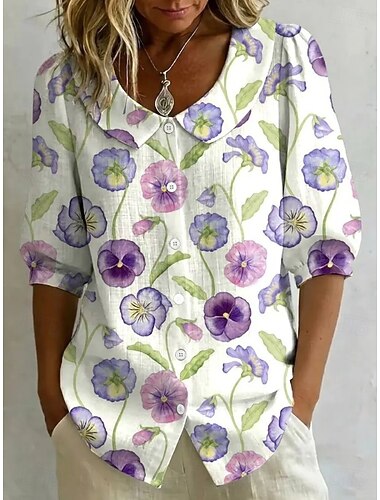  Dames Overhemd Bloemig Elegant Bohemen Vakantie Peter Pan kraag Croptops Casual Dagelijks Streetwear Wit Oranje Groen Beige Licht Blauw Zomer Lente