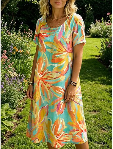  Dam Knälång klänning Skiftklänning T shirtklänning Ledigt Normal Blommig Grafisk Kortärmad Rund hals Blå Orange Sommar Vår