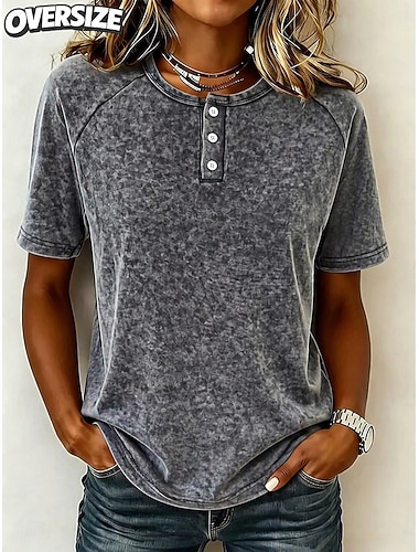  Camiseta feminina Softfade™ estilo Henley, raglan, com botões, cor sólida, estampa, lisa, vintage, moderna, elegante, manga curta, manga longa, casual, para uso diário, nas cores azul, roxo e cinza escuro, ideal para verão e primavera.
