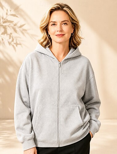  Mulheres Moletom com zíper Zip Up Tecido Casual Manga Longa Com Capuz Tops regulares Casual Azul marinho Preto Cinzento Outono