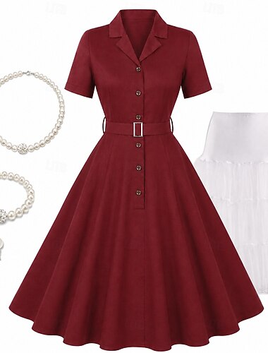  Conjunto Anos 50 Retro Vintage Longuette Anágua Vestido Coquetel Vestido swing com acessórios Justo & Evasê Fantasia Mulheres Baile de Máscaras Renascimento Festa de Chá Adulto Vestido Vestidos de