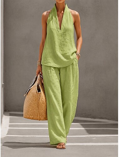  completi di lino da donna completi di pantaloni estivi abbigliamento da spiaggia senza maniche scollo a V tinta unita moda streetwear casual quotidiano all'aperto nero bianco verde estate vestibilità regolare