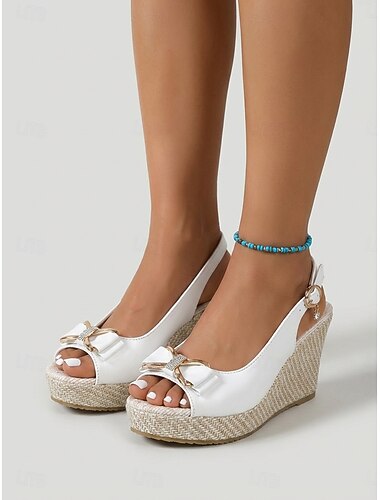  Sandalias blancas de cuña con puntera abierta para mujer: elegantes sandalias de plataforma con lazo de pedrería. &Suela tejida para vacaciones en crucero, cenas de capitán &ropa de playa para el