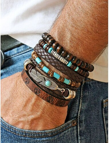  6-delat boho läderarmbandset för män - vintage träpärlor &Stapelbara armband i silverlegering med fjäderhänge för sommarsemester på stranden och vardagskläder &punk hippie smycken present