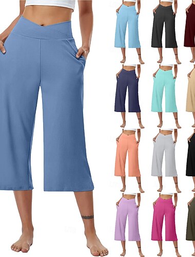  Damen Caprihose Yoga-Hose Weites Bein Mode Streetwear Lässig Wadenlang Mittlere Taille Einfach Tasche Bequem Komfort Weich Dehnbar Outdoor Urlaub Straße Blau Hellgrau Khaki Schwarz Sommer Frühling