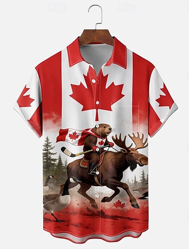  Kanadadagen Herr Lönnlöv Bäver Älg Skjorta Sommarskjorta Knapp upp skjorta Kortärmad Patriotisk Utomhus Helgdag Sommar Vår Nedvikt 3D-utskrift krage skjortor Främre en ficka Blå Rubinrött