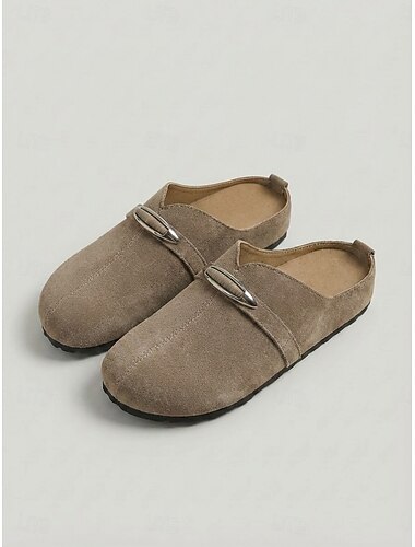  Dames muiltjes van khaki imitatie suède - zachte platte klompen met metalen accenten, lichtgewicht antislip casual schoenen om te wandelen en te reizen. &dagelijkse kleding