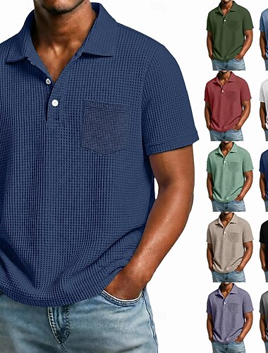  Per uomo Maglia da golf Polo a Maglia Waffle Casuale Affari Classico Manica Corta Moda Moderno Tinta unica Semplice Bottoni Estate Primavera Tutte le stagioni Vestibilità regolare Bianco Verde chiaro