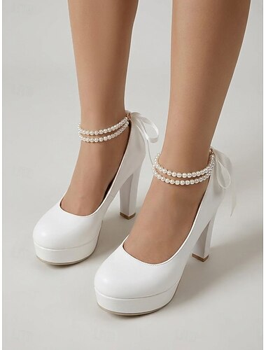  Witte platform pumps voor dames, elegante bruidsschoenen met parelmoeren enkelbandjes voor stadsbruiloften, bruiden en bruiloftsgasten