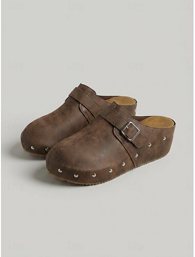  Donkerbruine damesklompjes/muiltjes – retro, gesloten instapschoenen met studs, ideaal voor casual gebruik, in de tuin, op reis en dagelijks gebruik.