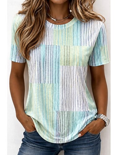  Mujer Camiseta Estampado Graphic Geométrico A Rayas Vintage Elegante Clásico Manga Corta Cuello Barco Escote Redondo Tops largos Casual Diario Negro y blanco Gris / Blanco Arco Iris Verano Primavera