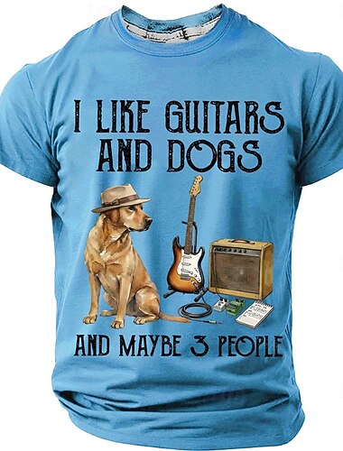  T-shirt graphique humoristique et sarcastique pour homme, « J'aime les guitares, les chiens et peut-être 3 personnes ». Idéal pour les musiciens et les amoureux des animaux. Manches courtes. Vêtements