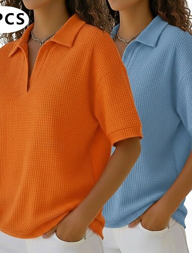  flerpack 2 st dam våffel-t-shirt pikétröjor våffelstickade toppar enfärgat mode grundläggande klassisk kortärmad skjortkrage vanliga toppar casual daglig strand gul+orange