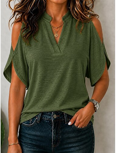  Per donna Cotone lavato 100% cotone Tessuto Elegante Vintage Mezza Manica Scollo a V Top Regolari Casuale Bianco Verde militare Estate Primavera