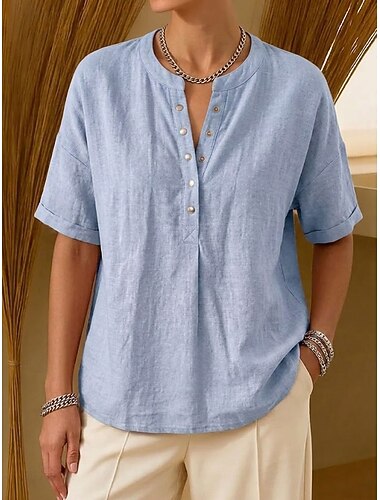  Dame T skjorte Henly-skjorte T-skjorter Grafisk عادي Elegant Mote Kortermet Henley Lange topper Avslappet Lyseblå Svart Hvit Gul Rosa Sommer Vår