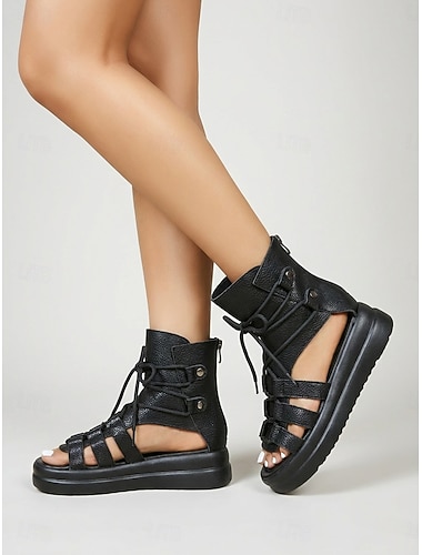  Zwarte gladiatorsandalen voor dames - stoere open teensandalen met bandjes, vetersluiting en hoge plateauzool, perfect voor outdoor muziekfestivals, raves en zomerconcerten.