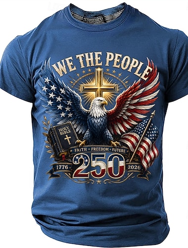  4 juli 2026 250:e Herr Örn USA: s flagga T-shirt Kortärmad T-shirt 3D-tryck Rund hals Skjorta Patriotisk Dagligen Festival Blå Svart Vit Sommar Vår Kläder S M L XL XXL XXXL