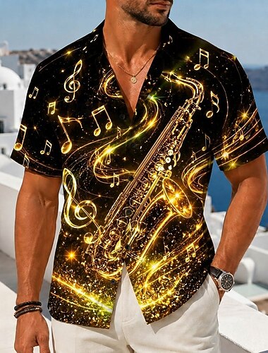  Homme Musique Instrument de musique Saxophone Chemise Chemise Boutonnée Chemise à col camp Manche Courte Vintage Rétro Festival de Musique Fête Été Printemps Col cubain Impression 3D Jaune Rose