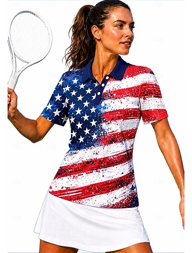  250º Aniversário da América Mulheres Americano / EUA Bandeiras Camisa Esportiva Camisa polo de caminhada Camisa de tênis Camiseta de tênis Manga Curta Floral Botões UPF50+ Resistente a UV
