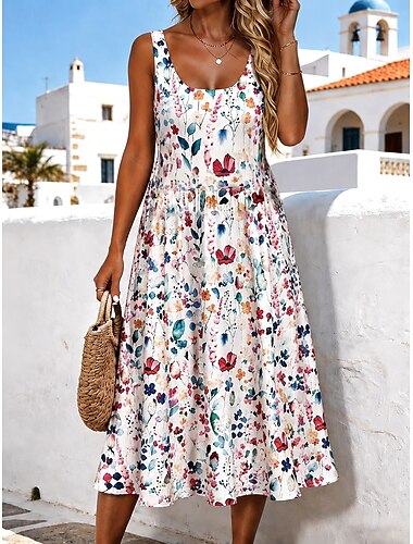  Damen Midikleid Sommerkleid A Linie Kleid Schulterfreies Kleid Urlaub Lässig Boho Strand Date Normale Passform Blumen Grafik Ärmellos U-Ausschnitt Blau Weiß Kamel Sommer Frühling