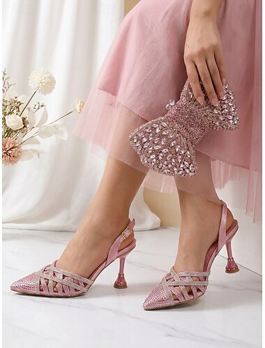  Rosa set med strassskor och väskor för kvinnor - spetsiga slingbacks och rosett för bröllopsgäster i staden