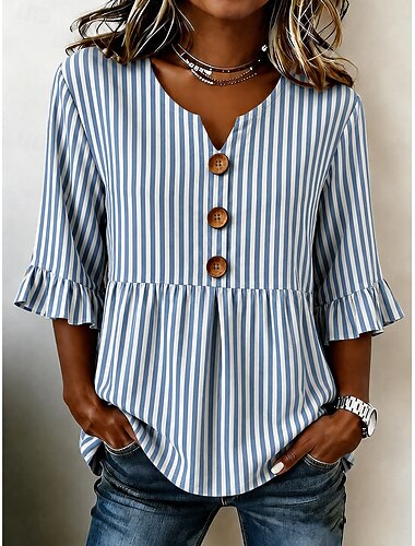  Per donna Camicia Patchwork Bottoni Stampato Grafico Geometrico A righe Vintage Elegante Manica Lunga Scollo a V Top Regolari Casuale Quotidiano Ferie Blu Giallo Arancione Estate Primavera