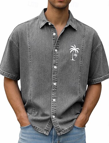  Herren Hemd Freizeithemd Knopfhemd Stückgefärbt Acid-Wash-Shirt Schwarz Hellgrün Kaki Grau Leicht Blau Kurzarm Einfach Hemdkragen Lässig Täglich Bekleidung Elegant Mode Lässig