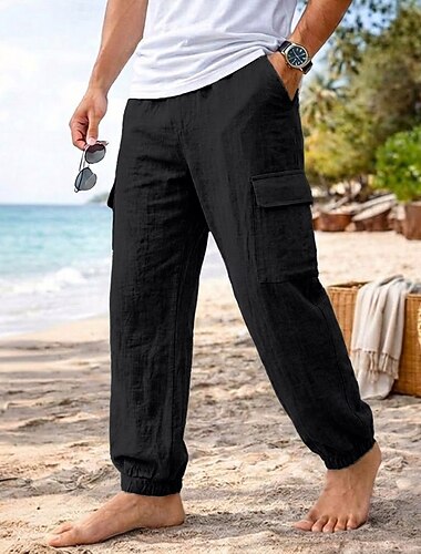  Per uomo Pantaloni di Lino Pantaloni Pantaloni Estivi Multi-tasche Polsino elastico Semplice Comodità Traspirante Lunghezza intera Casuale Quotidiano Spiaggia Vacanza Moda Blu Cachi Inelastico
