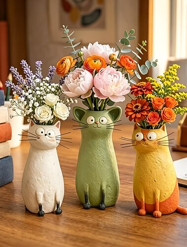  Vaso artesanal peculiar, floreira divertida para pequenas flores, suporte para flores em formato de gatinhos fofos para mesas e prateleiras, decoração para escritório em casa com tema de animais