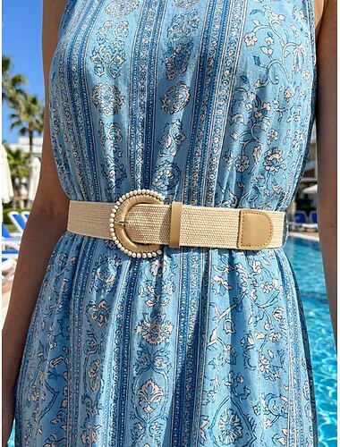  Dames boho riem van geweven stro, brede raffia tailleband met kralen gesp, casual tailleband voor een zomerse strandvakantie &dagelijkse kleding, kaki/beige