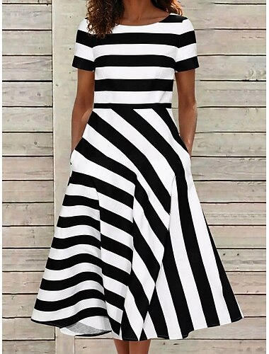  Per donna Abito Midi Vestito Casual Abito a righe Abito a trapezio Elegante Moda Quotidiano Vacanza Vestibilità regolare A righe Manica Corta Girocollo Blu Cachi Nero Rosso Estate Primavera