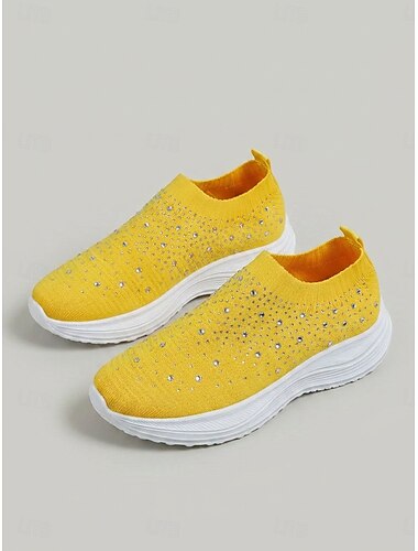  dame gule slip-on sneakers med strass - pustende strikkede glittersko med støtdempende EVA-såle for hverdagsbruk og turgåing &reise