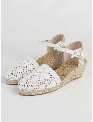  Witte espadrilles met sleehak van gehaakt kant voor dames - boho platform sandalen met open neus en gevlochten enkelbandje, perfect voor tropische strandvakanties en zomerbruiloften. &eilandvakanties