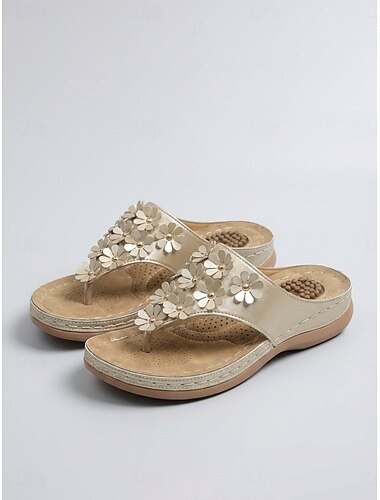  Gouden comfortabele sandalen voor dames met bloemenprint – 3D-bloemen teenslippers met massagevoetbed, comfortabele zomerslippers voor op reis of om mee te wandelen. &dagelijkse kleding