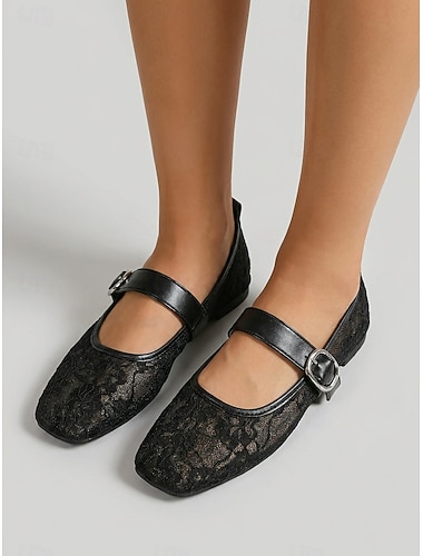  Dames Mary Jane ballerina's van zwart kant met ademend mesh en bloemenborduursel. &gespband voor eilandvakanties en diners aan zee. &romantische zomervakantie