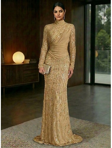  Schlauchkleid Bodenlang Abendkleid Festliche Kleidung Elegant Glitzernd Glitzern Langarm Hoher Ausschnitt Hochzeit Formell Spitze Stretch Satin mit Falten Perlenbestickt