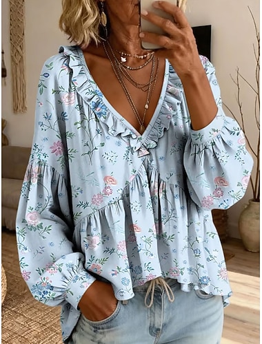  Mulheres Camisa Social Túnica Frufru Floral Gráfico Elegante Moda Diário Manga Longa Decote V Tops regulares Casual Diário Azul Rosa Bege Verão Primavera